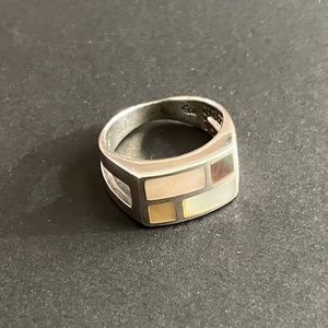 Vintage MCM Modern Shell Inlay Silver Ring